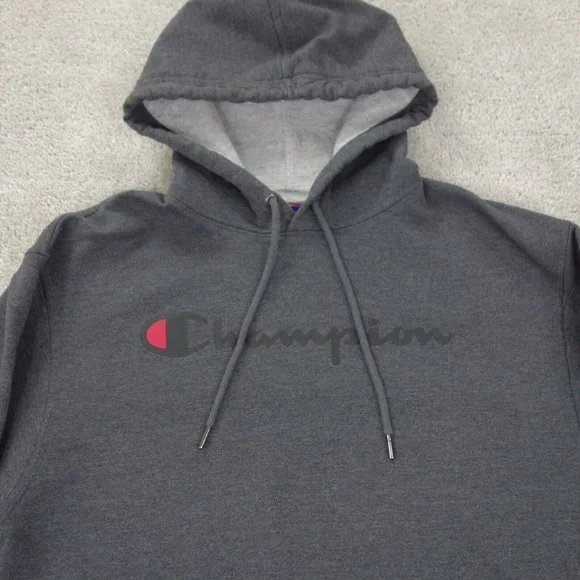 Champion Hoodie Mens Medium Grey Long Sleeve Drawstring Pullover Fleece Logo - Picture 2 of 9